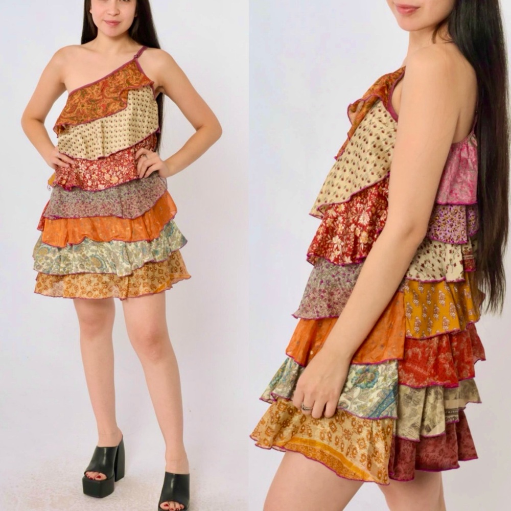 Silly Yeti Silk Boho Multicolor Mixed Print Ruffle Tiered Mini Dress One Shoulde